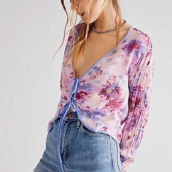 NWT Free People Floral Tie front Blouse - Picture 2 of 16